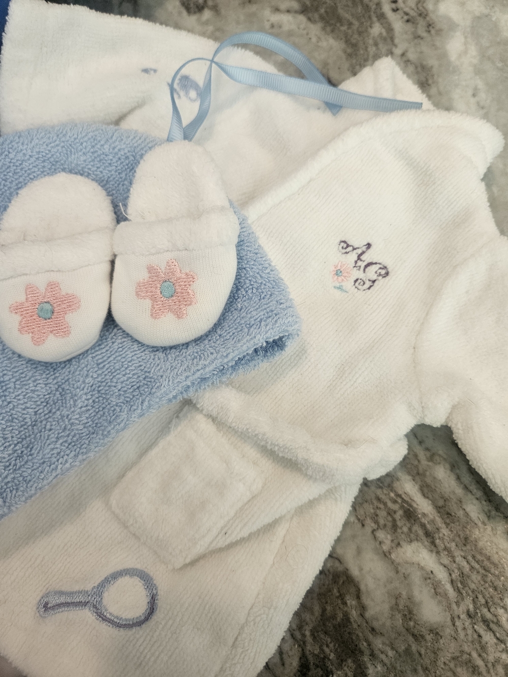 American Girl White Robe with Light Blue Towel and Pink Flower Slippers